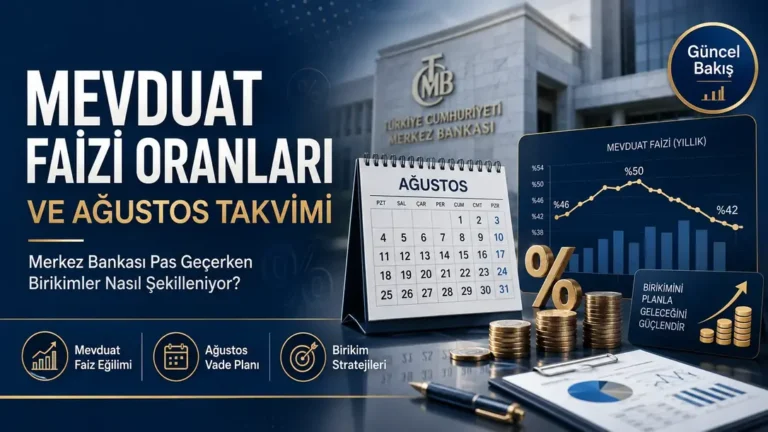 Merkez Bankası binası önünde Ağustos takvimi, faiz grafiği, yüzde simgesi ve madeni paralarla tasarlanmış; mevduat faizi
