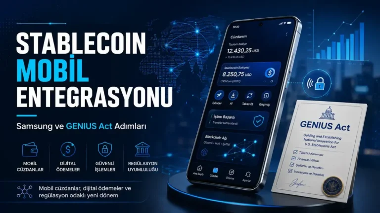 stablecoin mobil entegrasyonu hakkında akıllı telefon ekranında stablecoin cüzdan arayüzü, yanında GENIUS Act belgesi ve