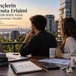 gençlerin konuta erişimi hakkında genç bir çiftin konut satın alma planlarını değerlendirdiği, şehir manzaralı bir ortamda