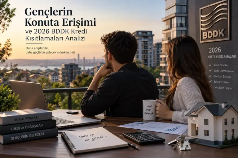 gençlerin konuta erişimi hakkında genç bir çiftin konut satın alma planlarını değerlendirdiği, şehir manzaralı bir ortamda